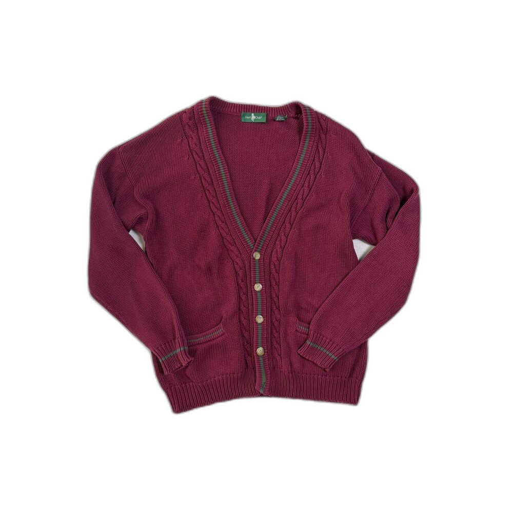 Vtg Hunt Club Mens Thick Ivy League Cardigan Sz XL Tall Burgundy Cable Academia